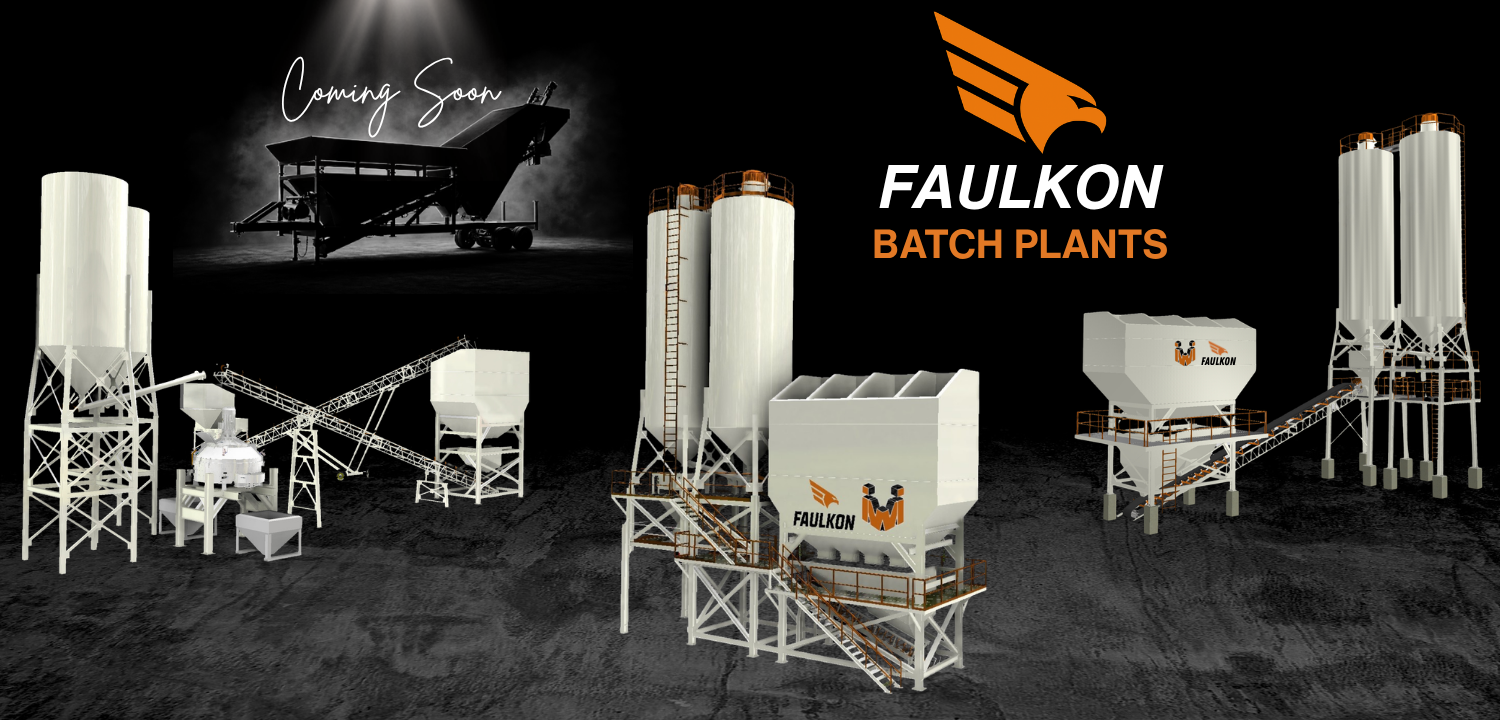 FAULKON concrete batch plant models with aggregate bins, conveyors and cement silos