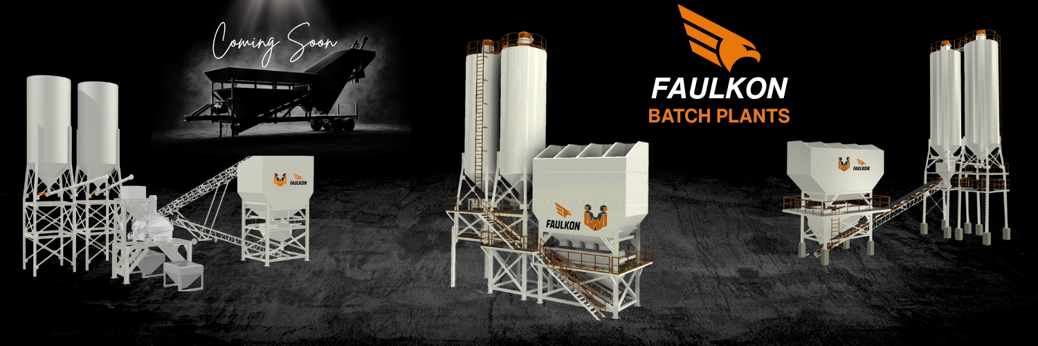 FAULKON concrete batch plant models with aggregate bins, conveyors and cement silos