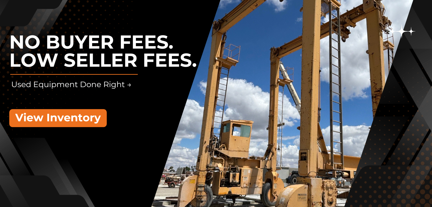 Promotional banner for used construction equipment, featuring large yellow cranes and a telehandler under a blue sky with clouds, alongside text reading 'NO BUYER FEES. LOW SELLER FEES.
