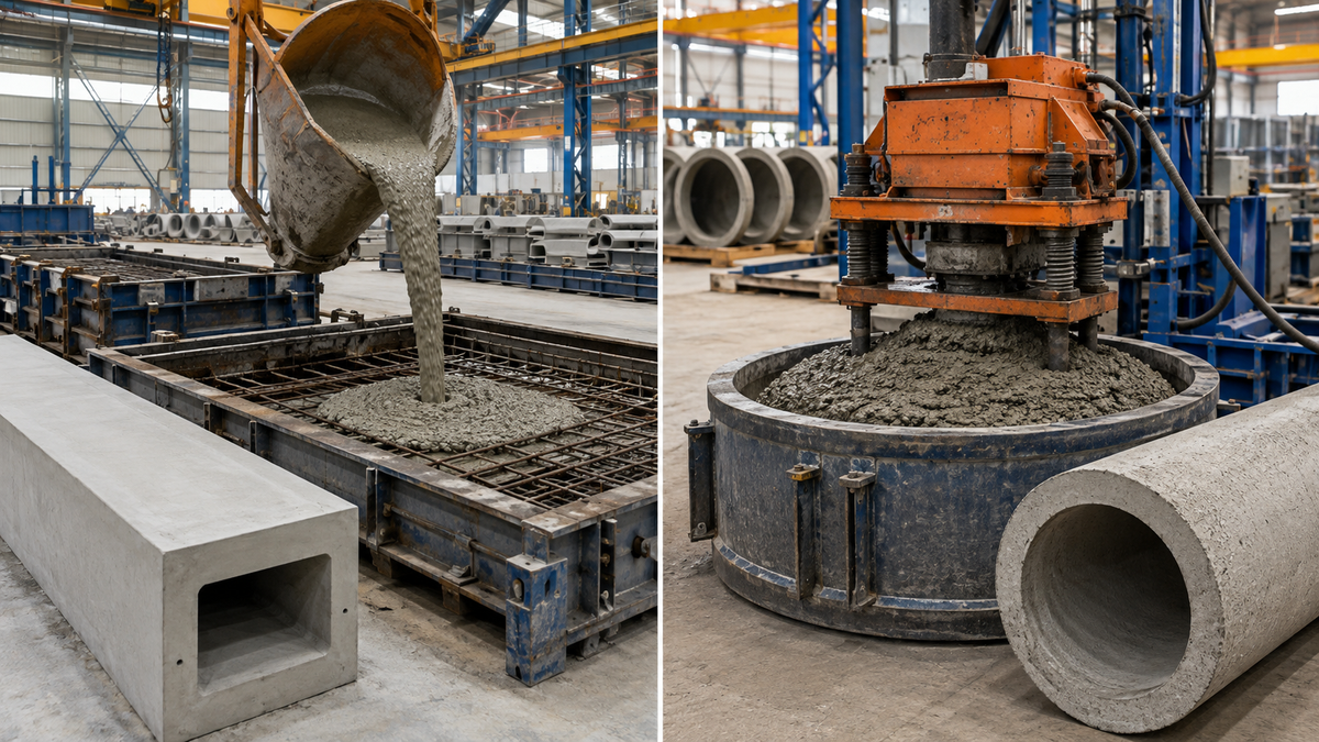 Wet-cast concrete being poured beside dry-cast concrete undergoing vibration and compaction