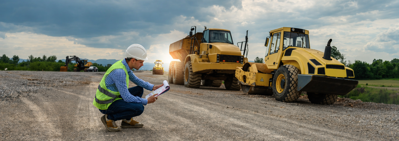 Equipment appraiser inspecting concrete plant machinery for valuation