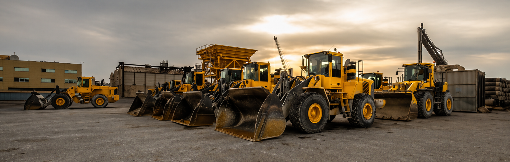 Construction equipment staged in yard for liquidation or resale valuation