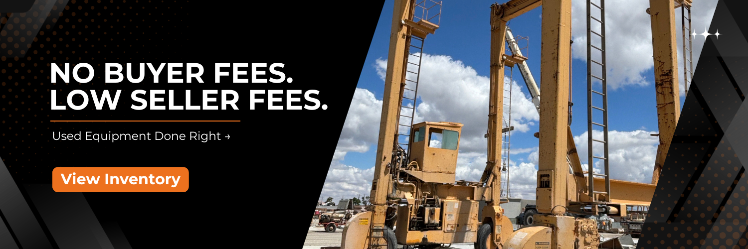Promotional banner for used construction equipment, featuring a black left side with the text 'NO BUYER FEES. LOW SELLER FEES.
