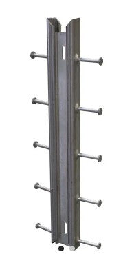 Steel connection profiles installed inside a concrete barrier mold for connecting precast barrier blocks.