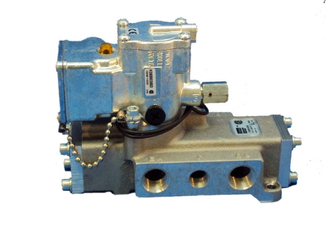 Electric Over Air Single Solenoid Valve paired with its Sub-Base.